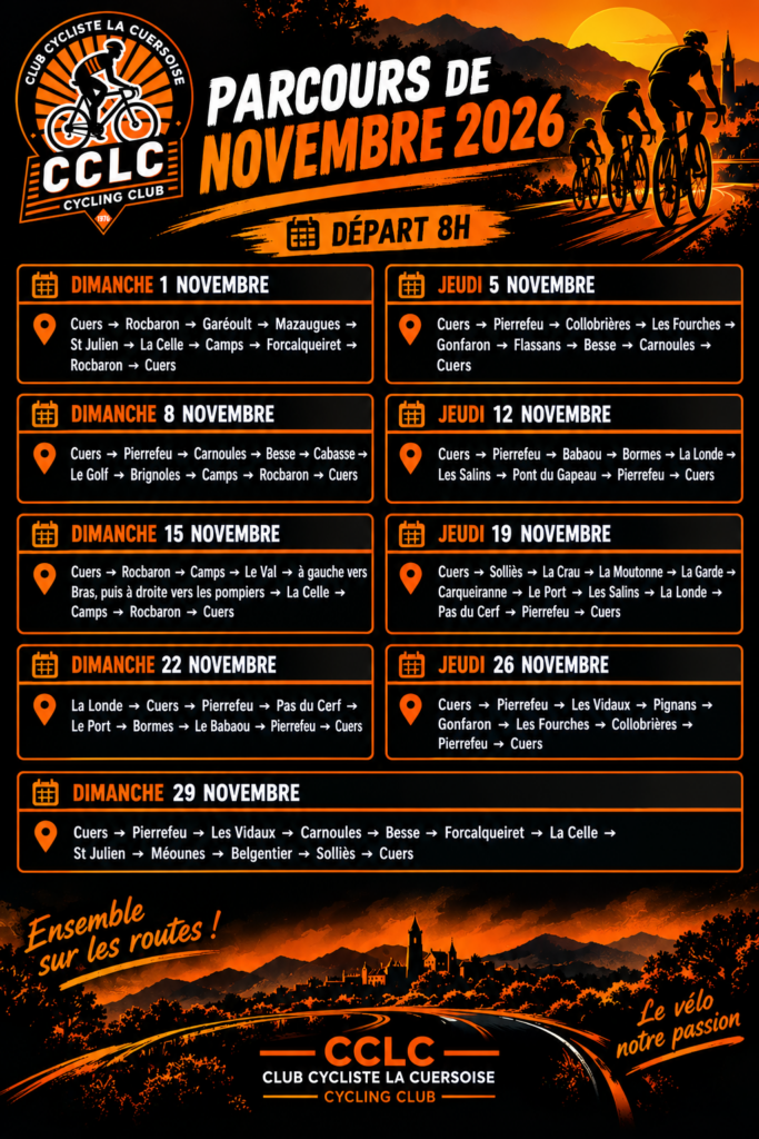 🚴 PARCOURS NOVEMBRE 2026 🚴